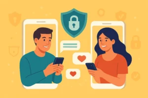 image of online dating safety featuring a couple chatting online with safety icons showing